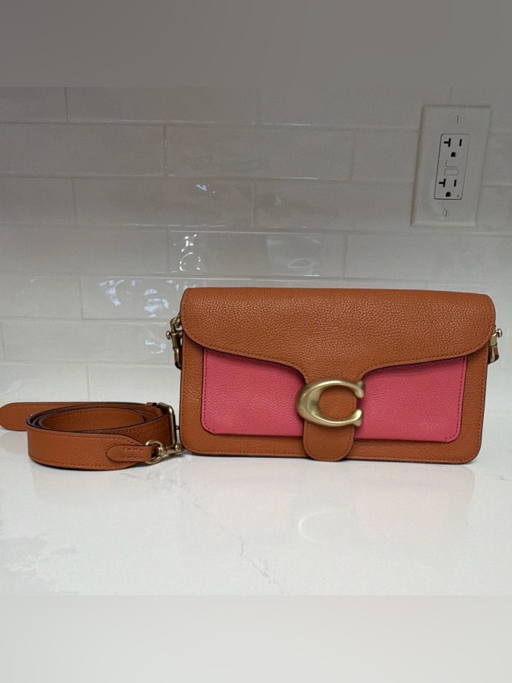 Coach Tabby 26 Pebbled Leather Crossbody in Tan and Pink with Gold 'C' Hardware